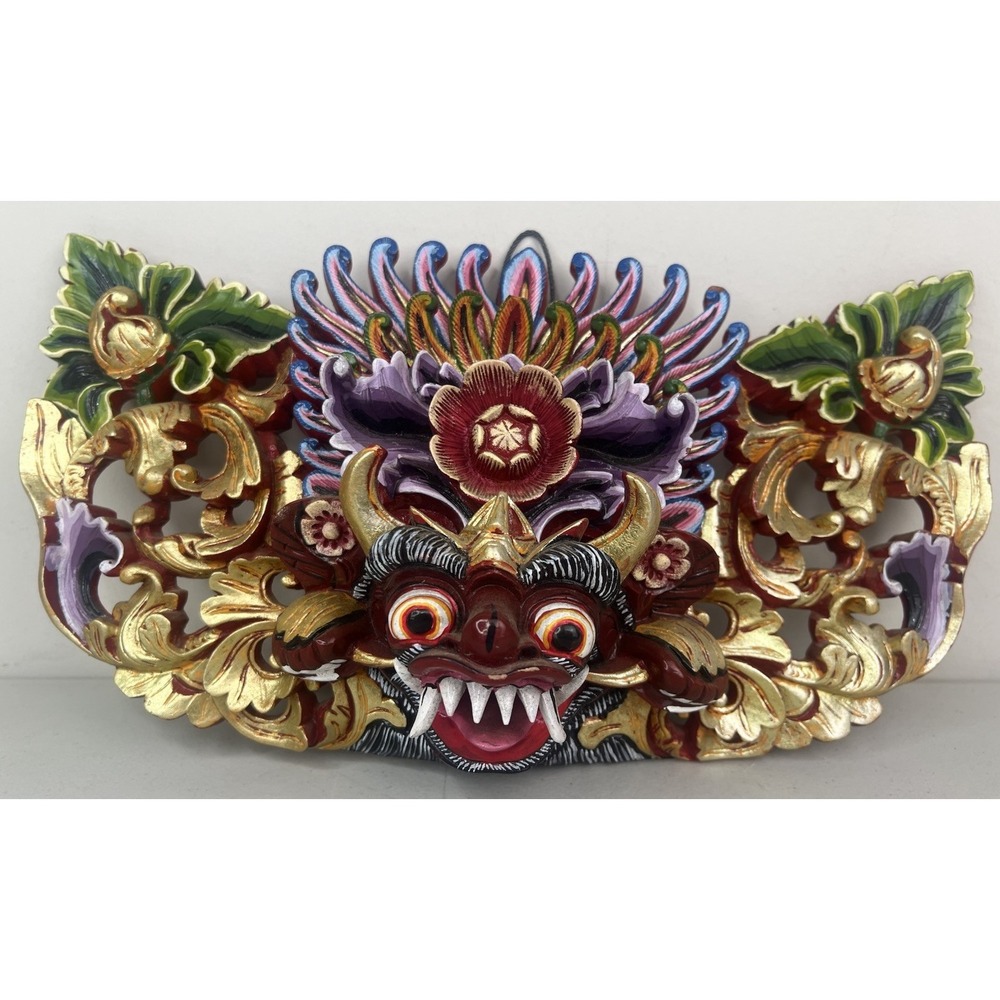 Baliniese Hand Carved Wood Demon Mask Wall Hand Painted Bali Art Decor 15"